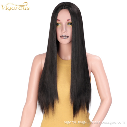 Black Synthetic Straight Long Wavy Hair Wig Middle Part Heat Resistant Fiber No Lace Wig for Women Natural Looking High Quality